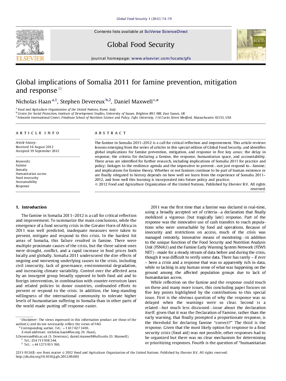 Global implications of Somalia 2011 for famine prevention, mitigation and response 