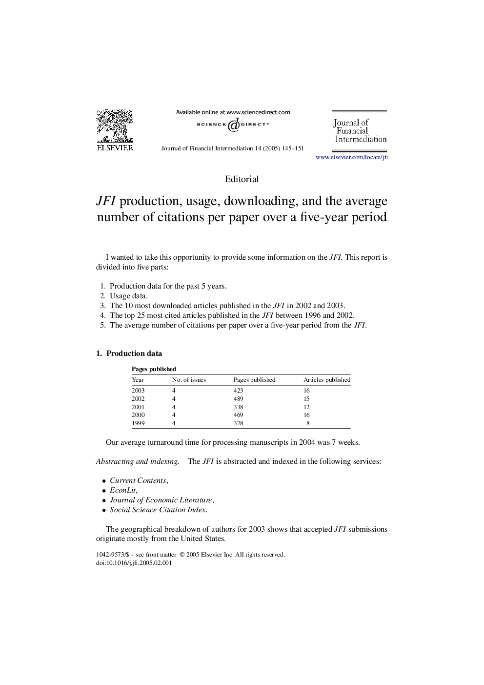 JFI production, usage, downloading, and the average number of citations per paper over a five-year period