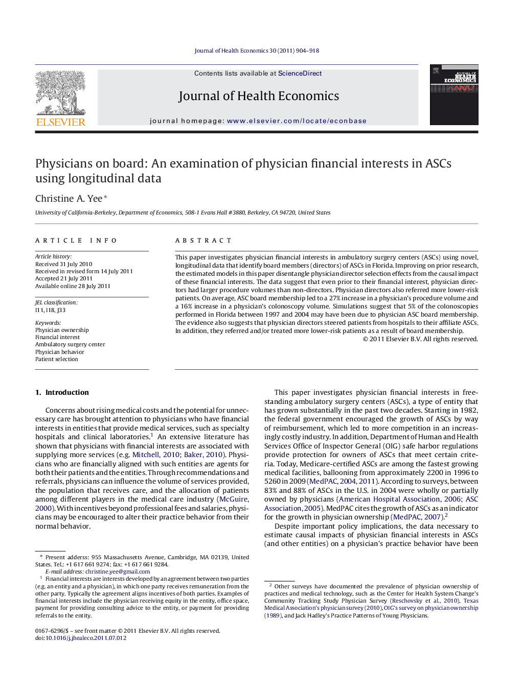 Physicians on board: An examination of physician financial interests in ASCs using longitudinal data