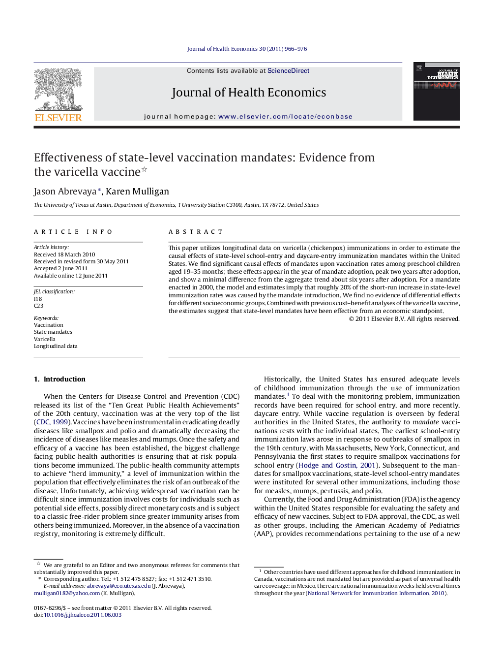 Effectiveness of state-level vaccination mandates: Evidence from the varicella vaccine