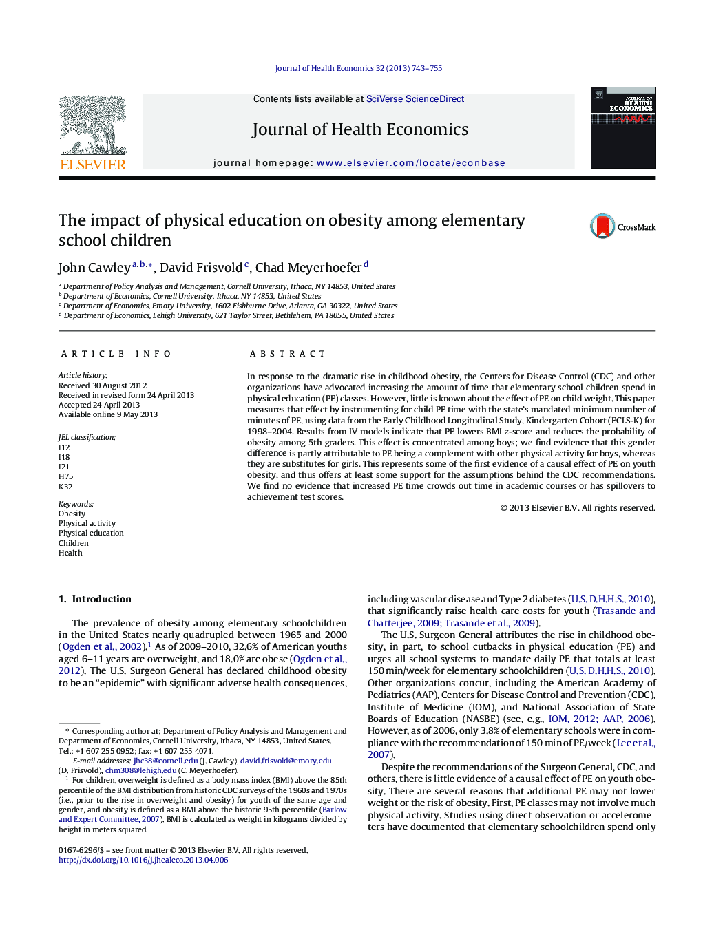 The impact of physical education on obesity among elementary school children