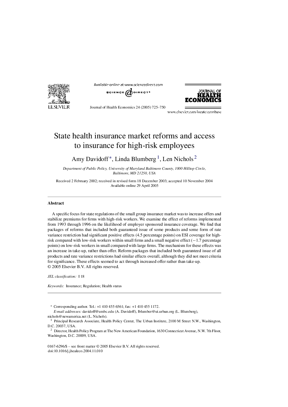 State health insurance market reforms and access to insurance for high-risk employees