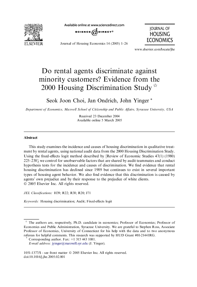 Do rental agents discriminate against minority customers? Evidence from the 2000 Housing Discrimination Study