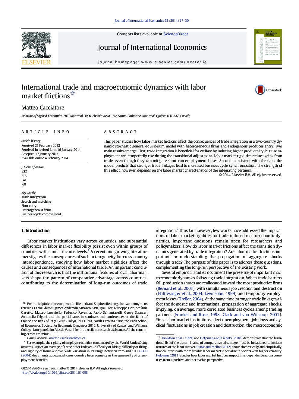 International trade and macroeconomic dynamics with labor market frictions