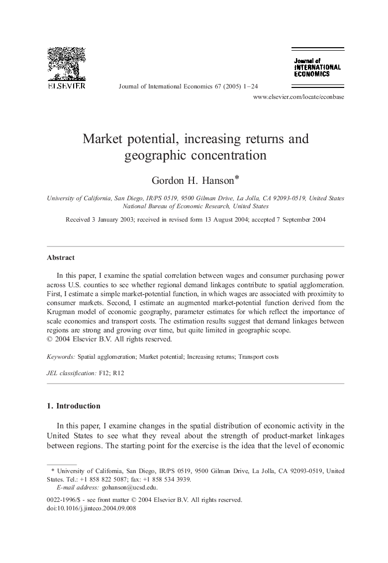 Market potential, increasing returns and geographic concentration