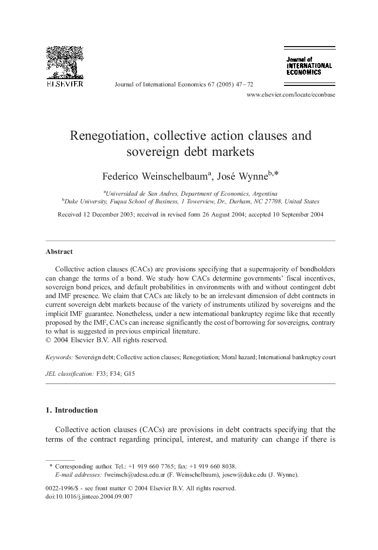 Renegotiation, collective action clauses and sovereign debt markets