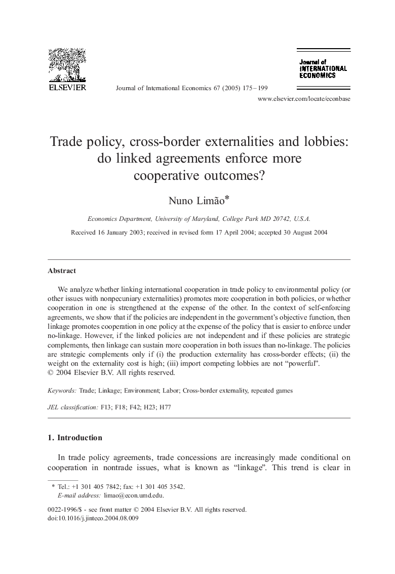 Trade policy, cross-border externalities and lobbies: do linked agreements enforce more cooperative outcomes?