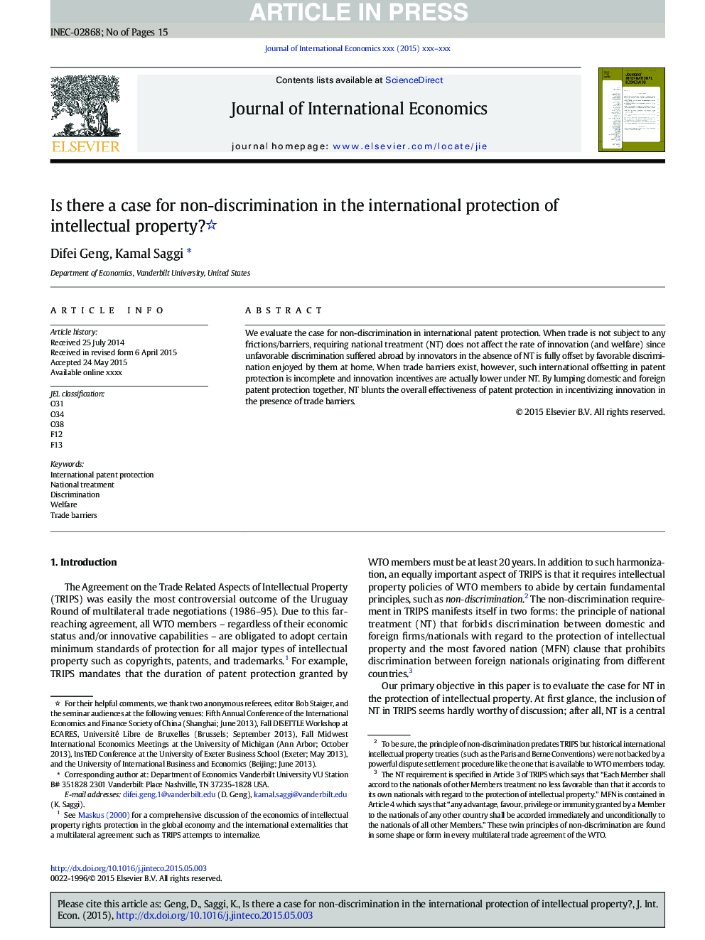 Is there a case for non-discrimination in the international protection of intellectual property?