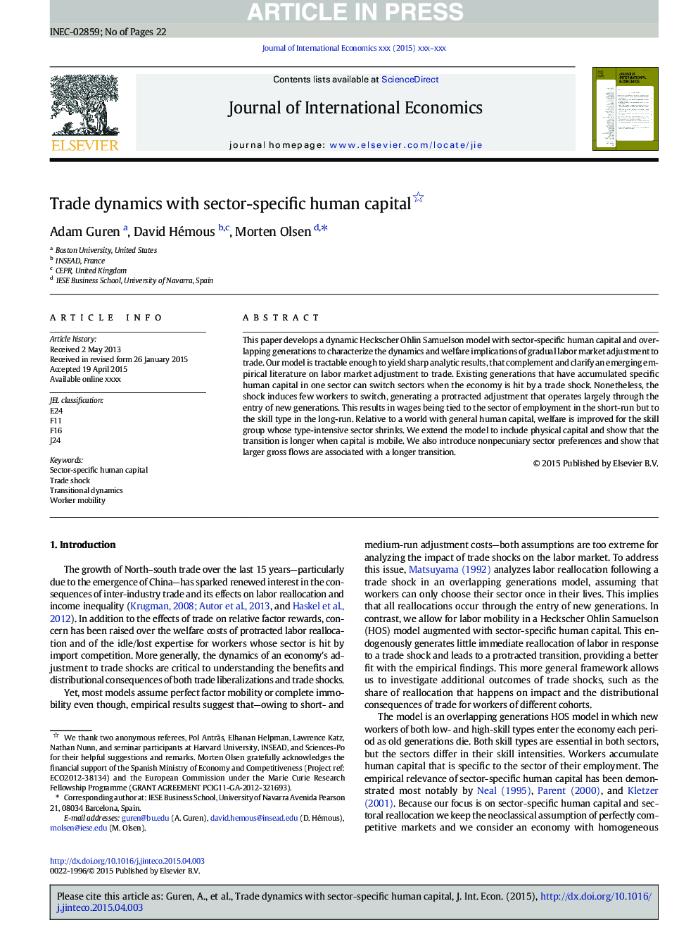 Trade dynamics with sector-specific human capital