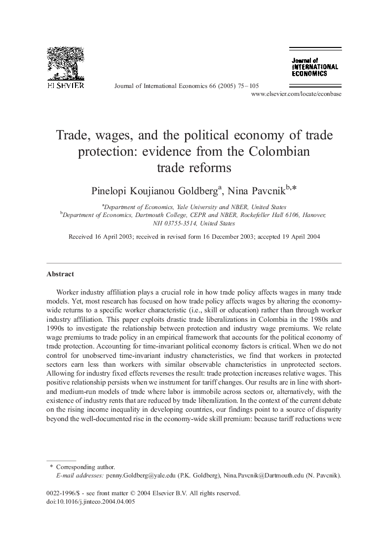 Trade, wages, and the political economy of trade protection: evidence from the Colombian trade reforms