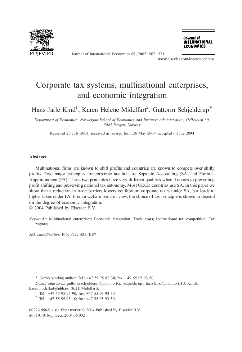 Corporate tax systems, multinational enterprises, and economic integration