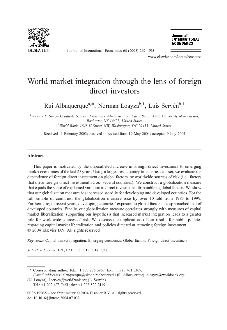 World market integration through the lens of foreign direct investors