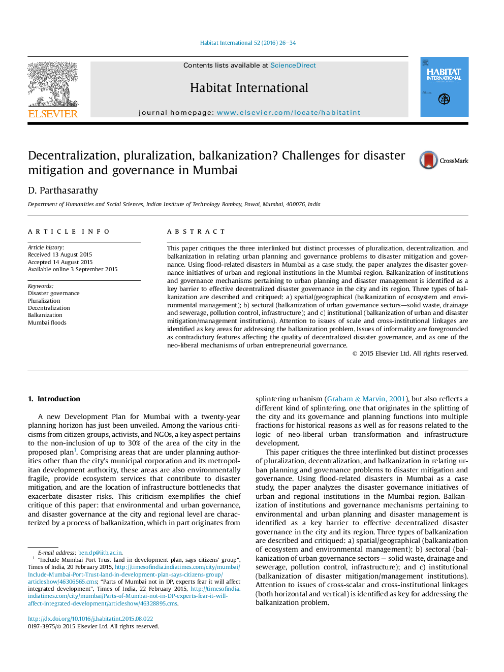 Decentralization, pluralization, balkanization? Challenges for disaster mitigation and governance in Mumbai