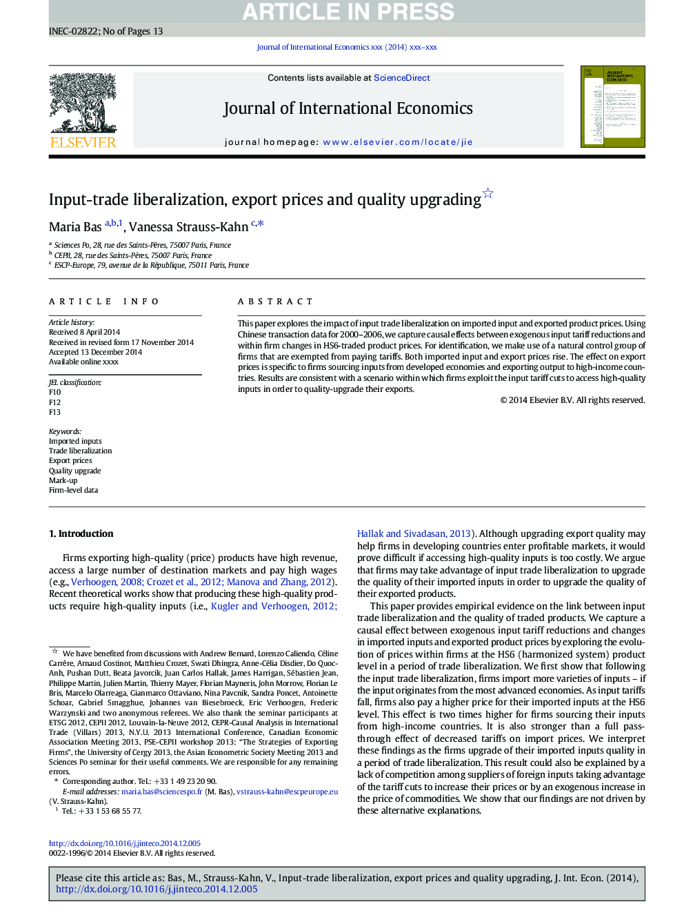 Input-trade liberalization, export prices and quality upgrading