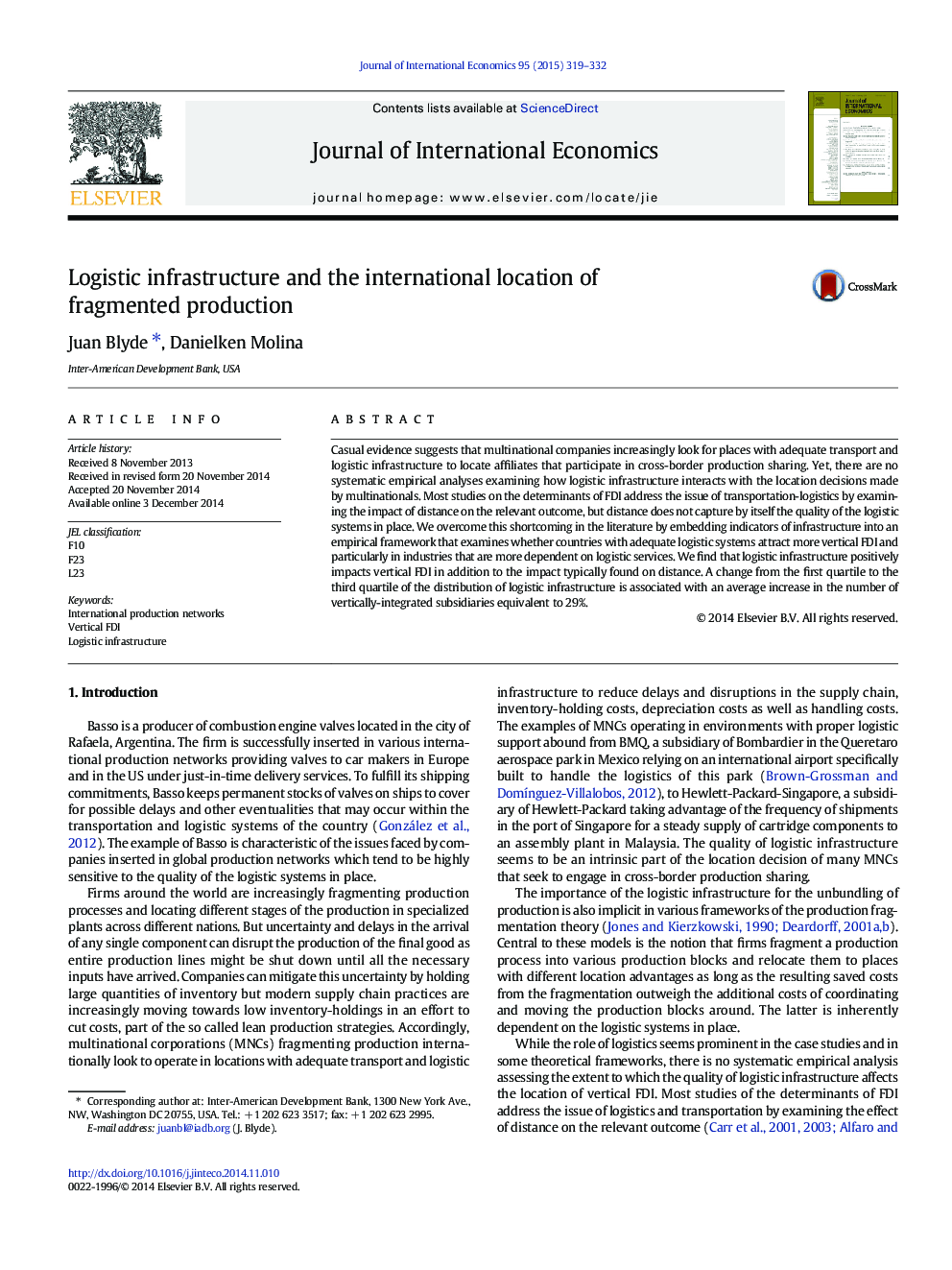 Logistic infrastructure and the international location of fragmented production