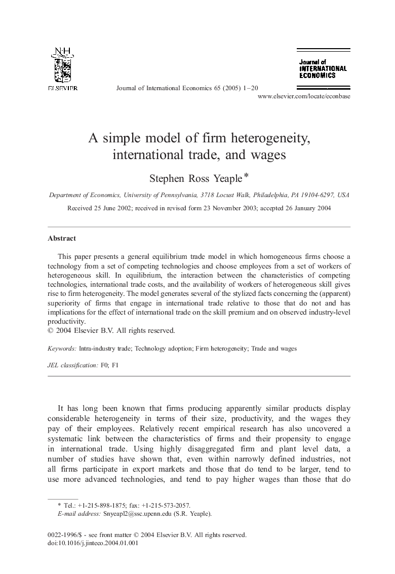 A simple model of firm heterogeneity, international trade, and wages