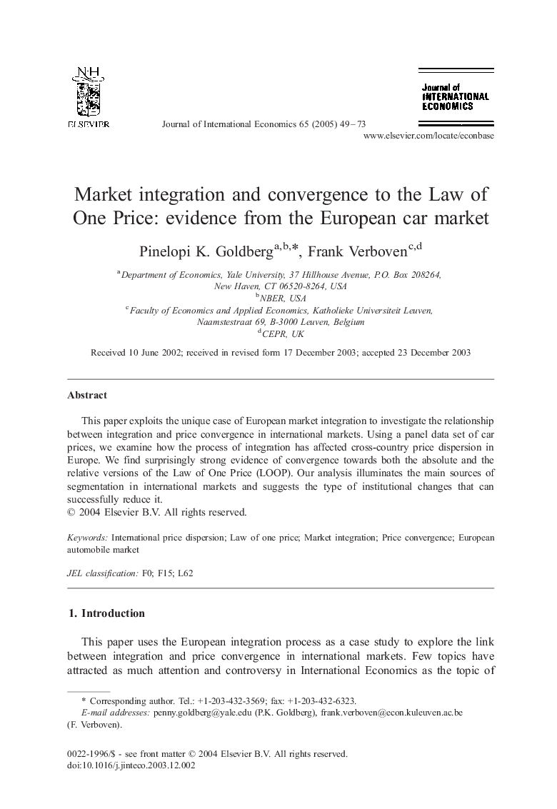 Market integration and convergence to the Law of One Price: evidence from the European car market