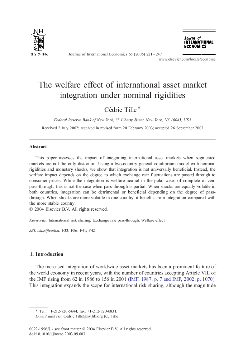 The welfare effect of international asset market integration under nominal rigidities