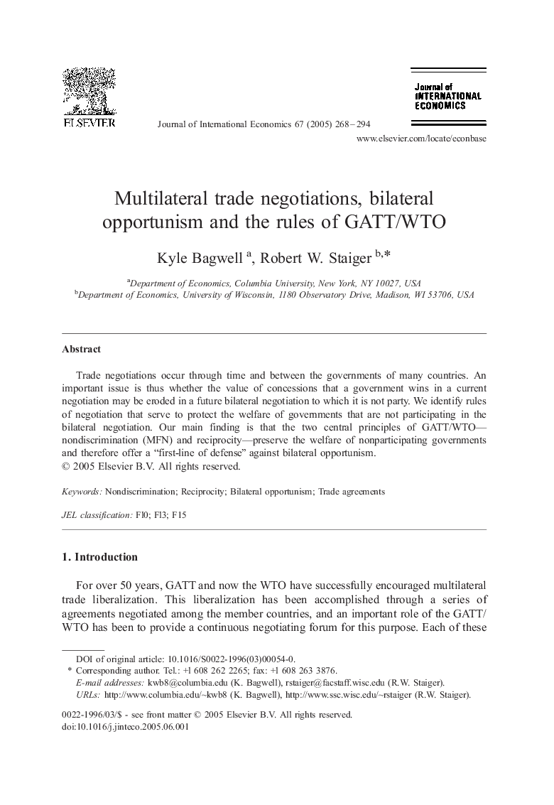 Erratum to Multilateral trade negotiations, bilateral opportunism and the rules of GATT/WTO