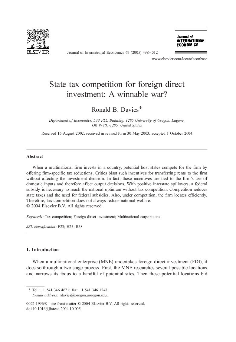 State tax competition for foreign direct investment: a winnable war?