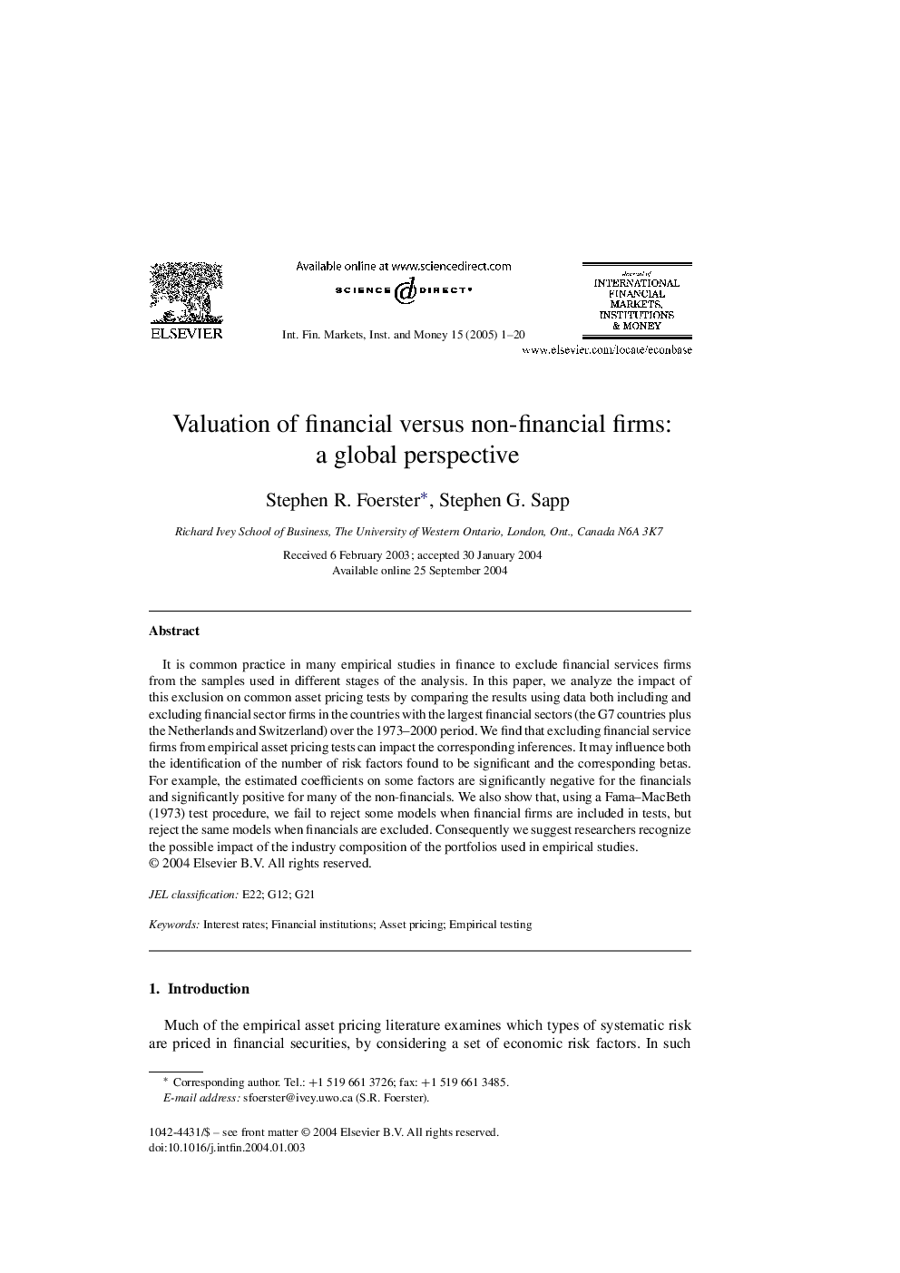 Valuation of financial versus non-financial firms: a global perspective