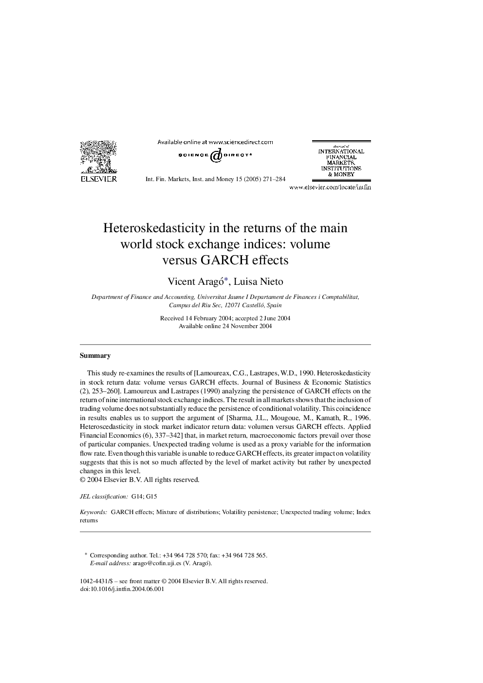 Heteroskedasticity in the returns of the main world stock exchange indices: volume versus GARCH effects