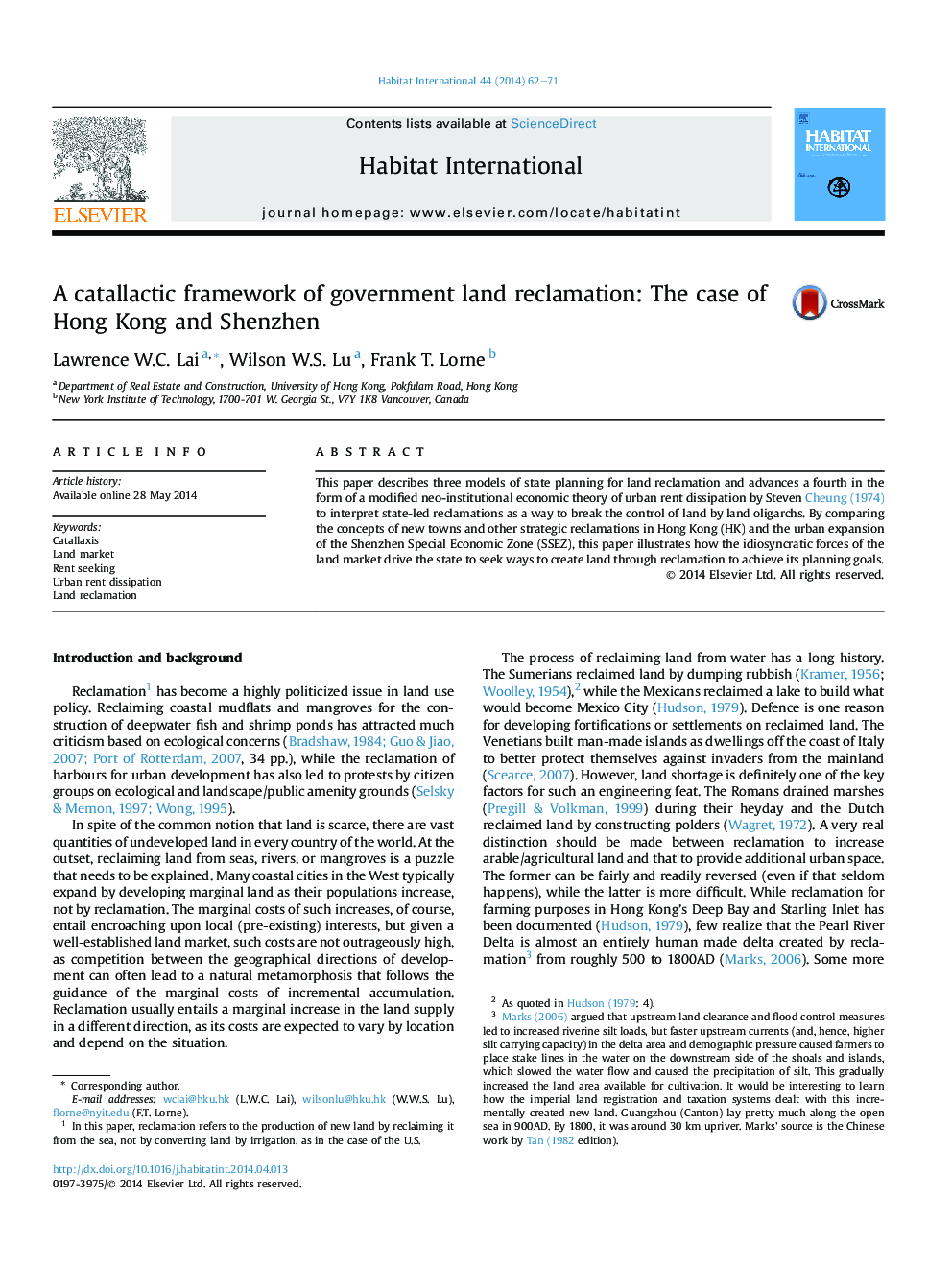 A catallactic framework of government land reclamation: The case of Hong Kong and Shenzhen