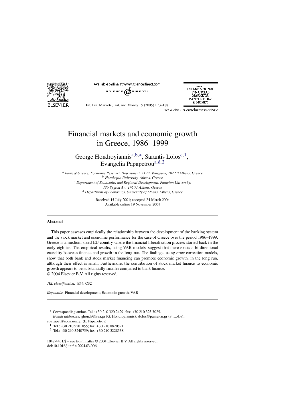 Financial markets and economic growth in Greece, 1986-1999