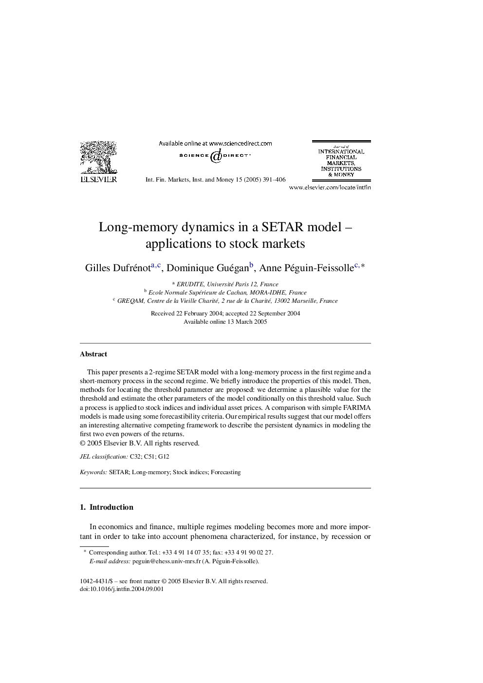 Long-memory dynamics in a SETAR model - applications to stock markets