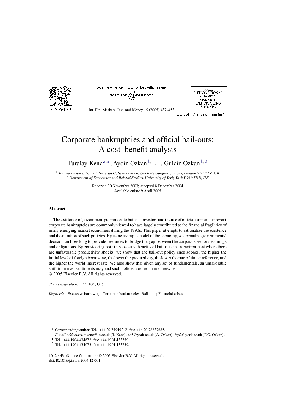 Corporate bankruptcies and official bail-outs: A cost-benefit analysis