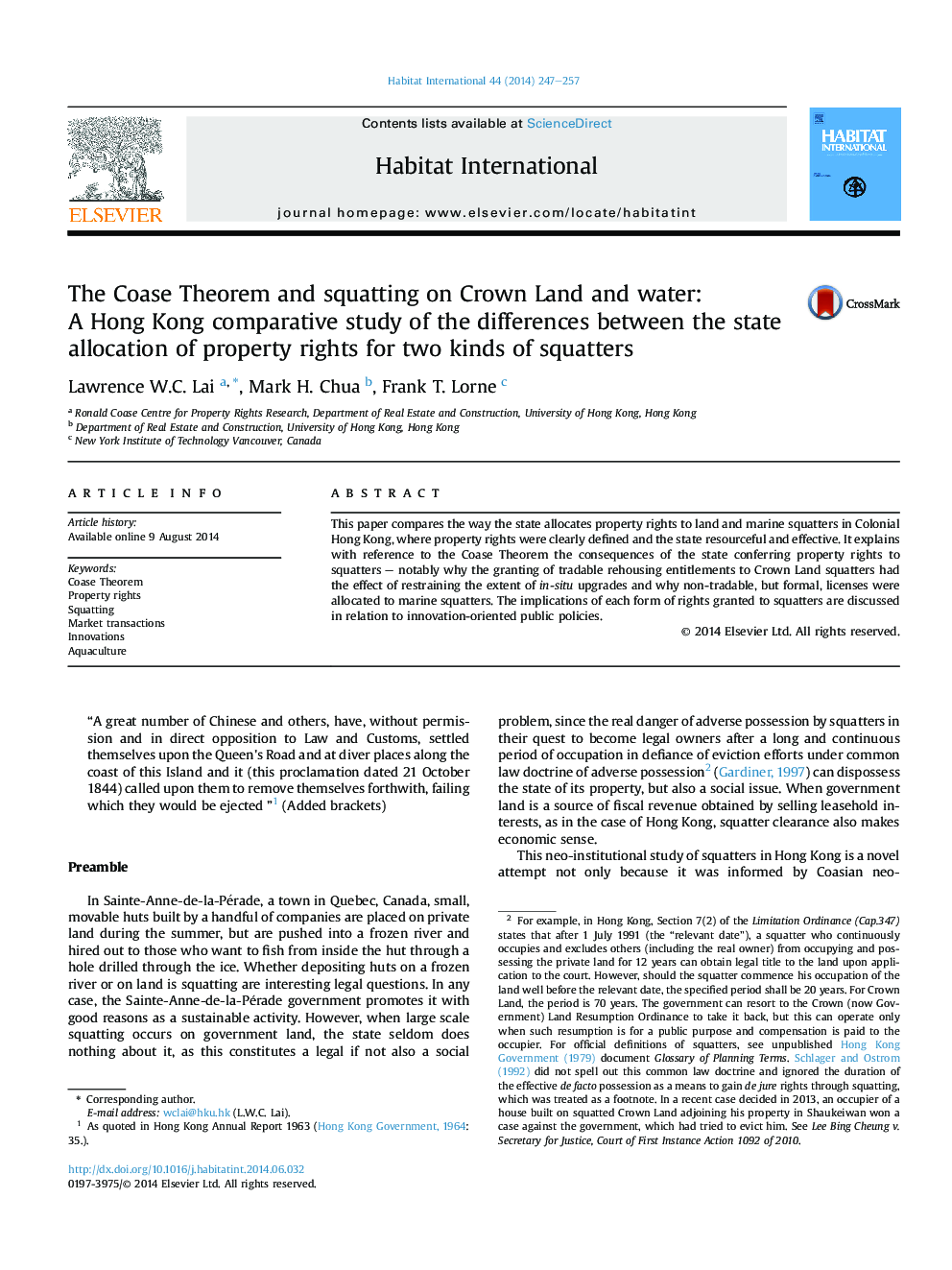 The Coase Theorem and squatting on Crown Land and water: A Hong Kong comparative study of the differences between the state allocation of property rights for two kinds of squatters