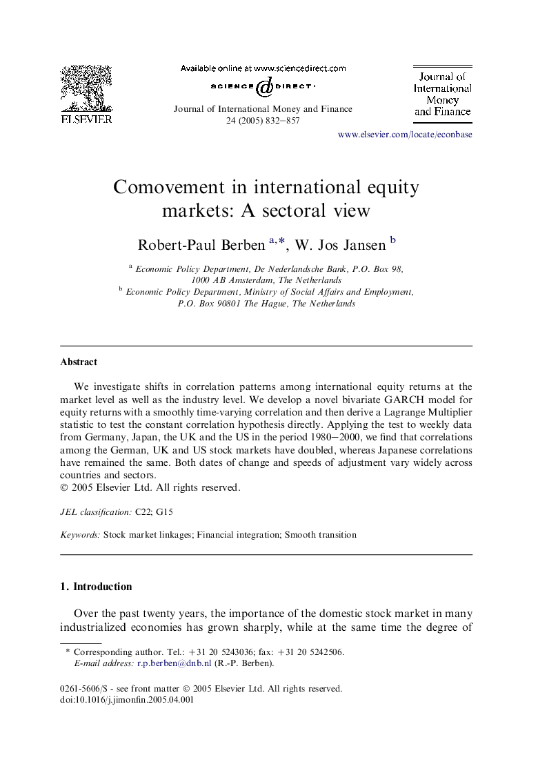 Comovement in international equity markets: A sectoral view