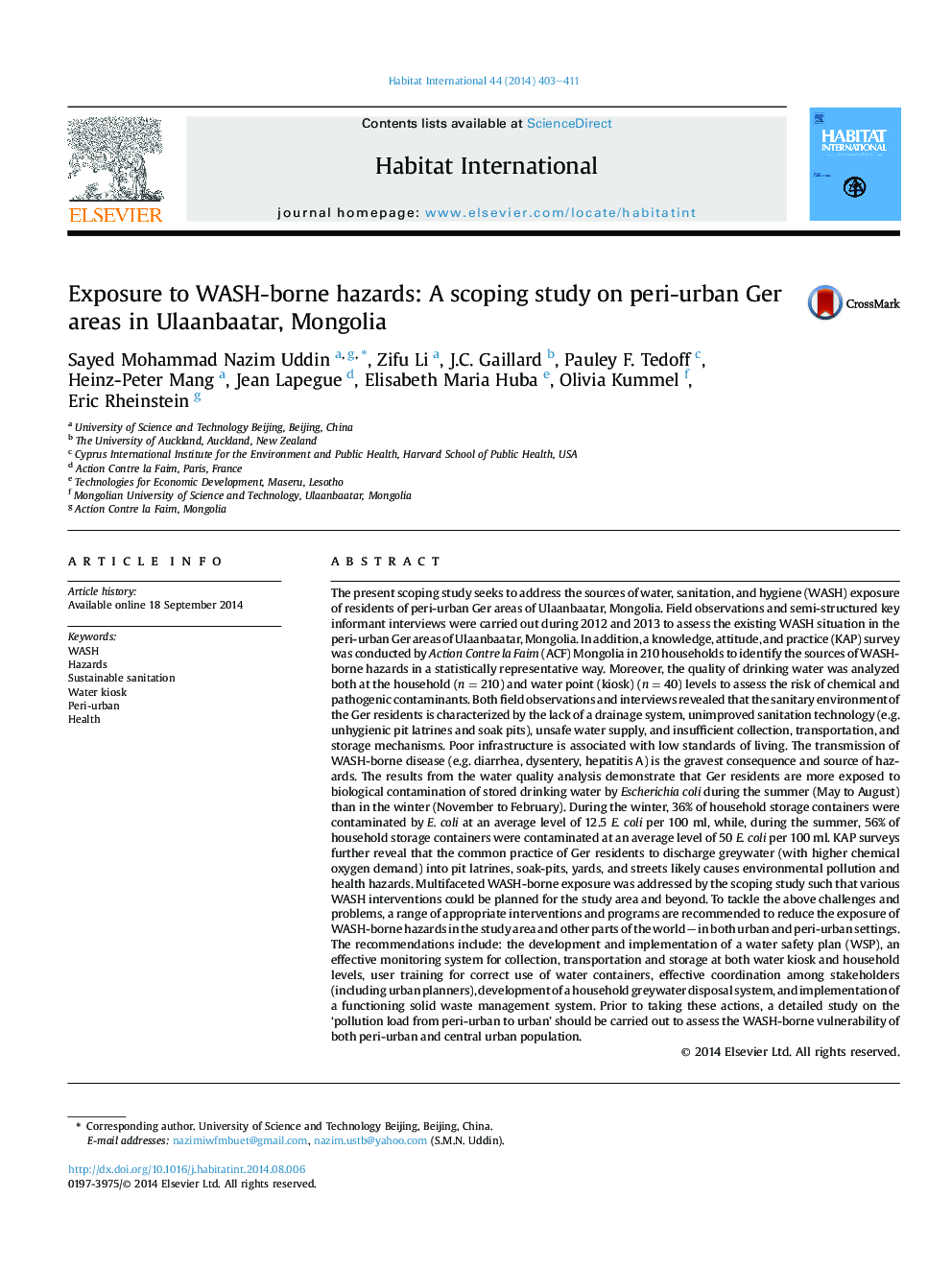 Exposure to WASH-borne hazards: A scoping study on peri-urban Ger areas in Ulaanbaatar, Mongolia