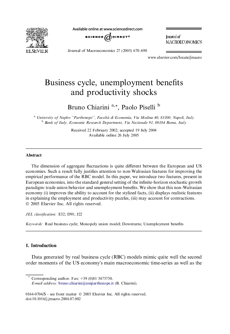 Business cycle, unemployment benefits and productivity shocks
