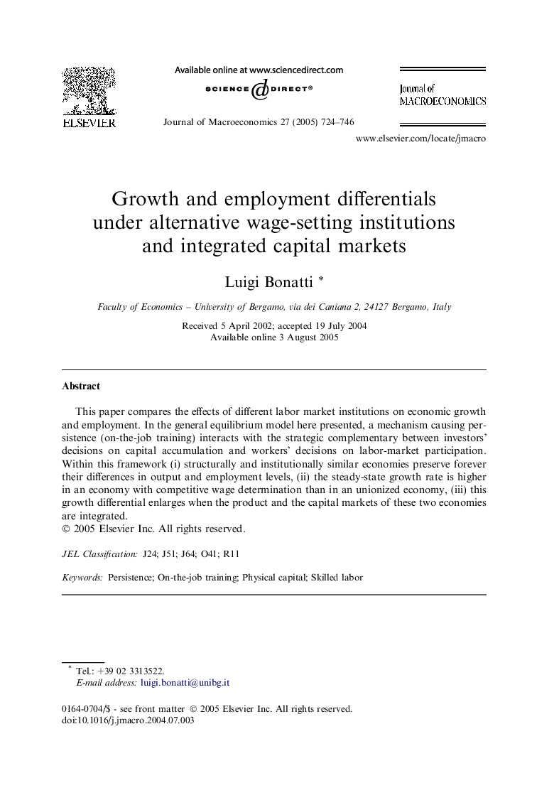 Growth and employment differentials under alternative wage-setting institutions and integrated capital markets