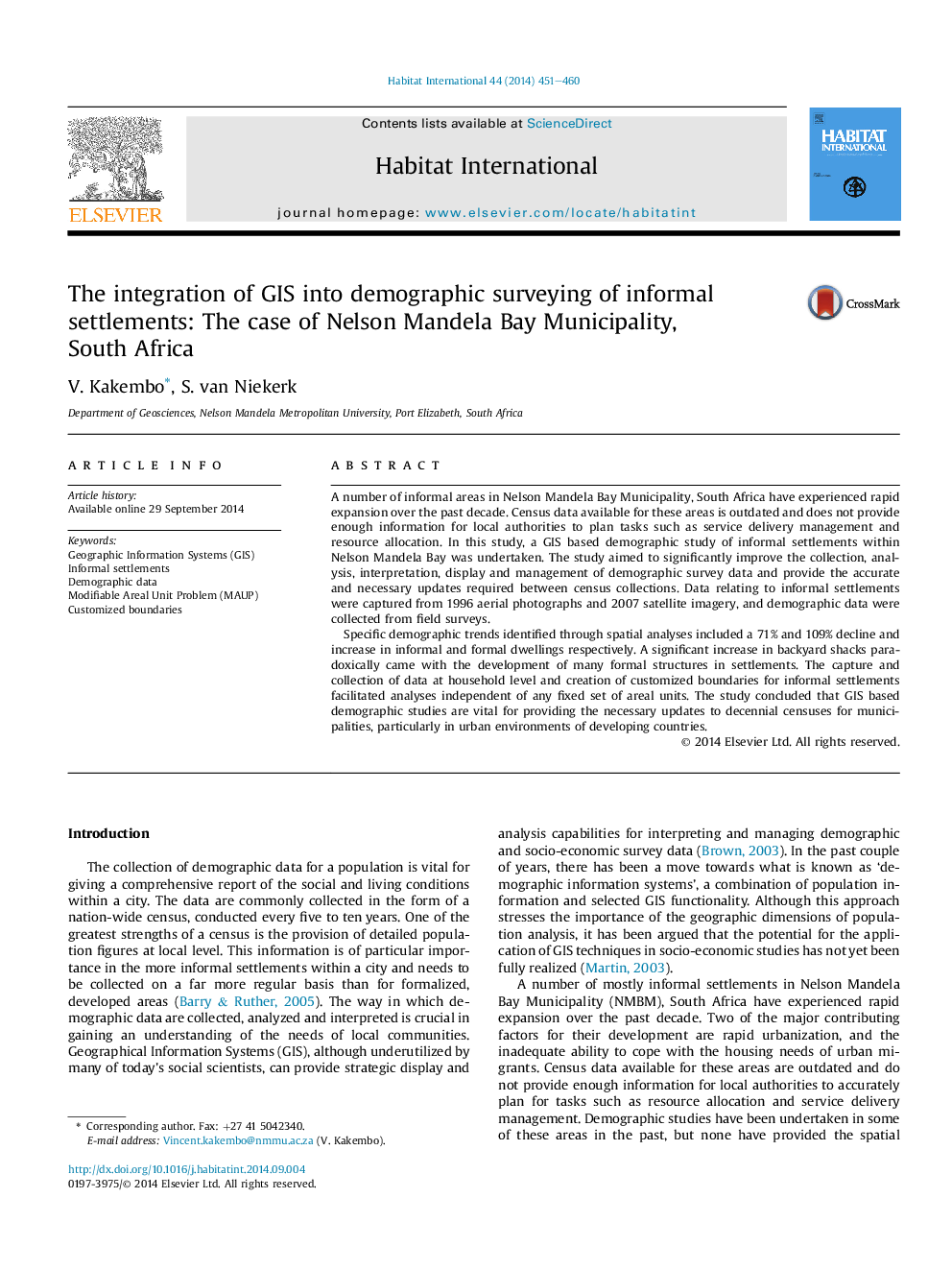 ادغام سیستم اطلاعات جغرافیایی به جمع آوری اطلاعات جمعیتی از سکونتگاه های غیر رسمی: مورد شهرداری نلسون مینا خلیج، آفریقای جنوبی 