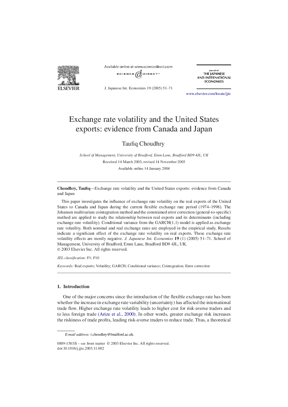 Exchange rate volatility and the United States exports: evidence from Canada and Japan