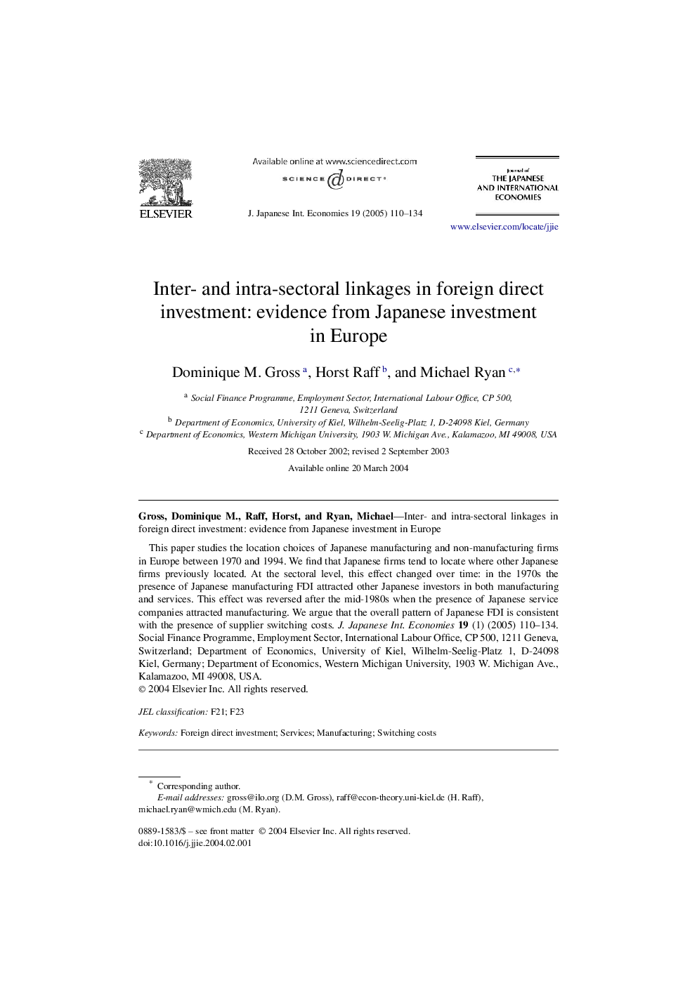 Inter- and intra-sectoral linkages in foreign direct investment: evidence from Japanese investment in Europe