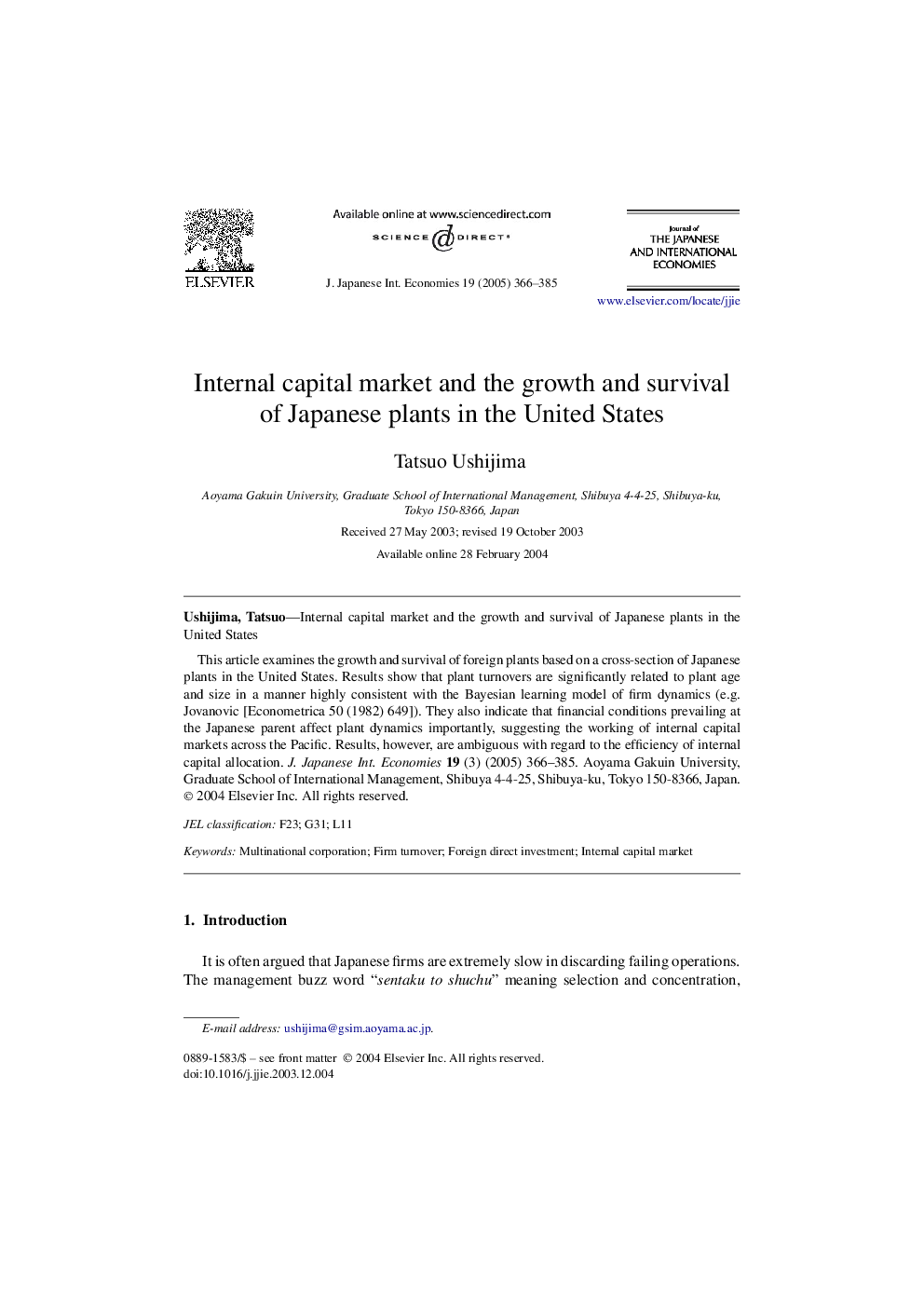 Internal capital market and the growth and survival of Japanese plants in the United States