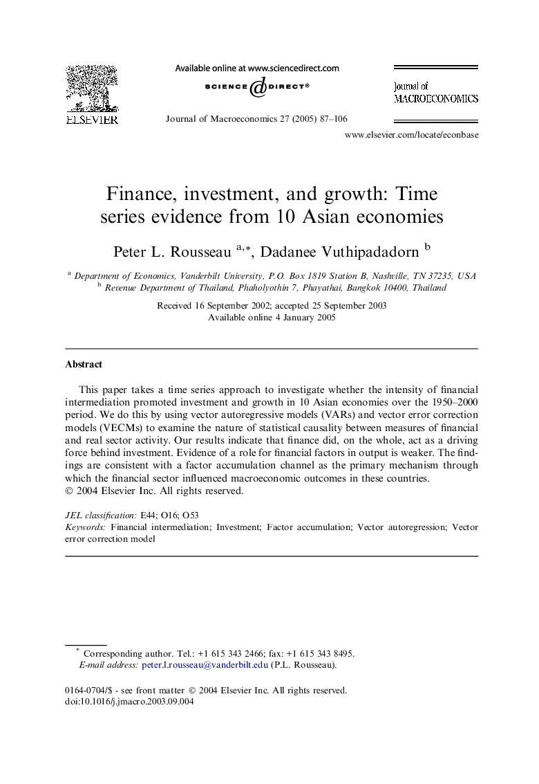Finance, investment, and growth: Time series evidence from 10 Asian economies
