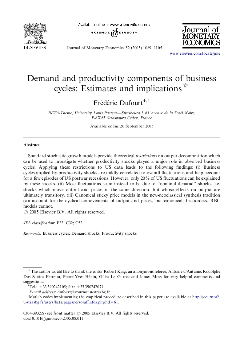 Demand and productivity components of business cycles: Estimates and implications