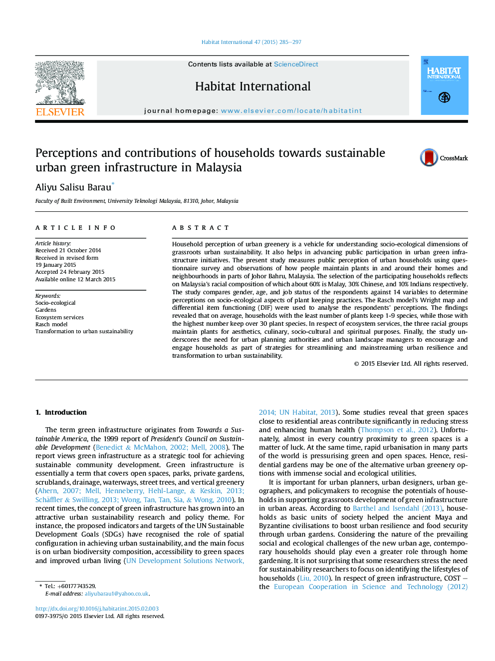 Perceptions and contributions of households towards sustainable urban green infrastructure in Malaysia