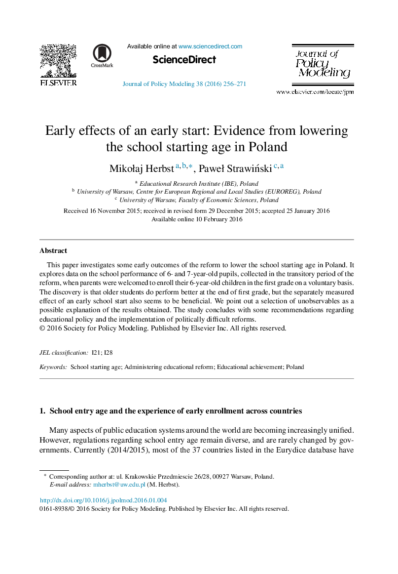 Early effects of an early start: Evidence from lowering the school starting age in Poland