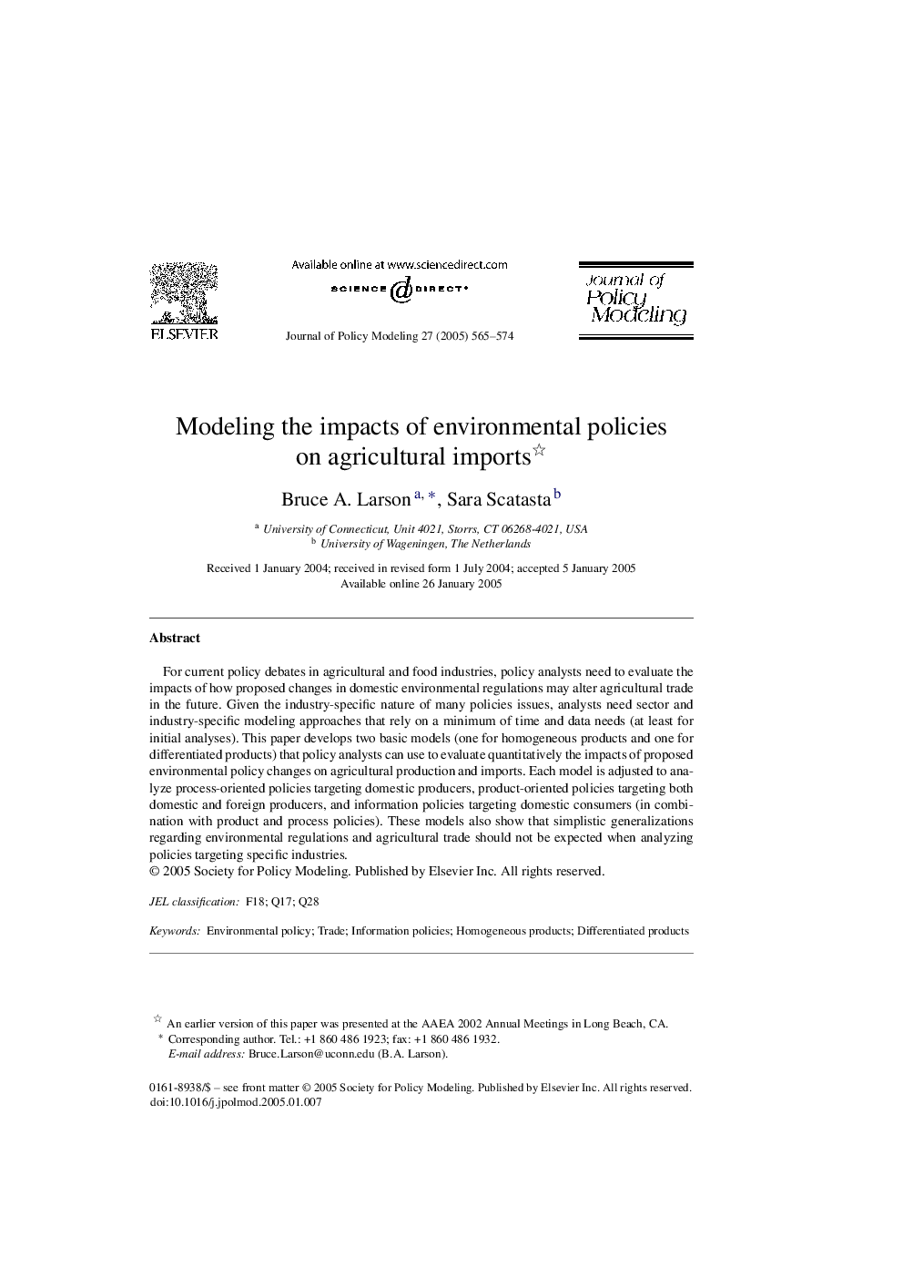 Modeling the impacts of environmental policies on agricultural imports