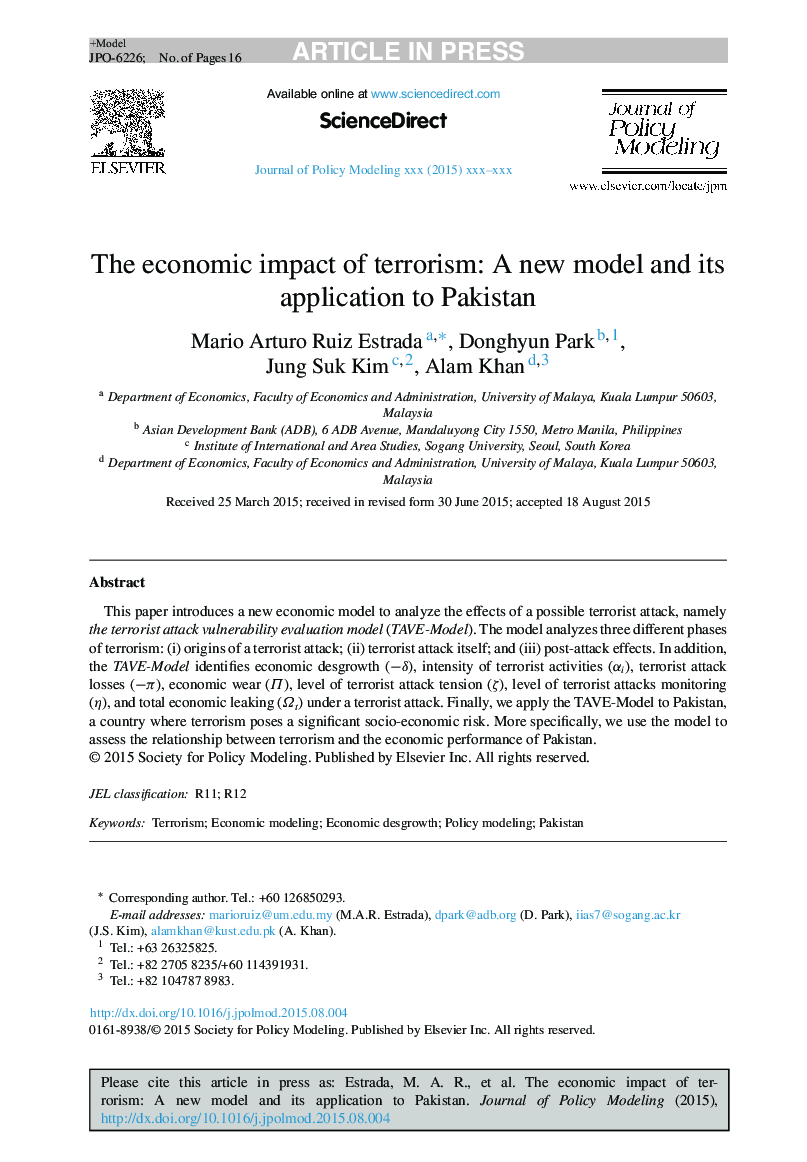 The economic impact of terrorism: A new model and its application to Pakistan