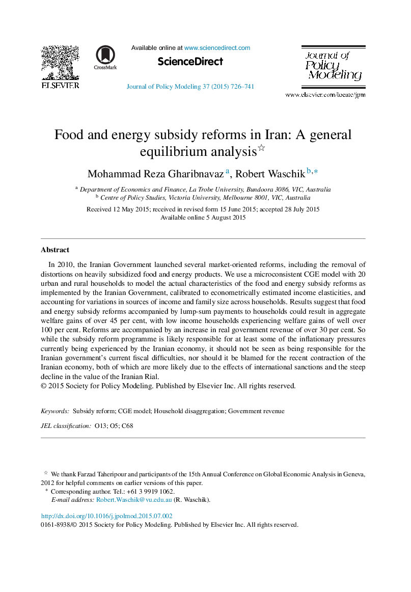 Food and energy subsidy reforms in Iran: A general equilibrium analysis