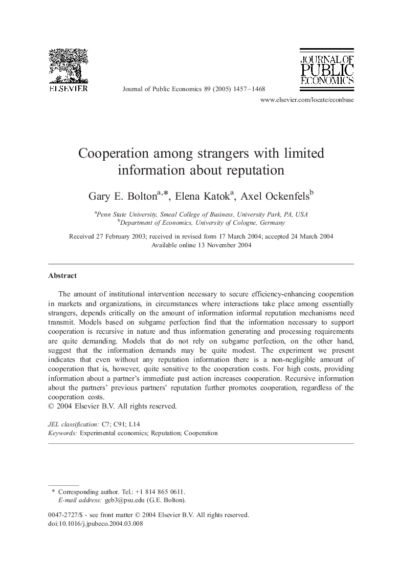 Cooperation among strangers with limited information about reputation