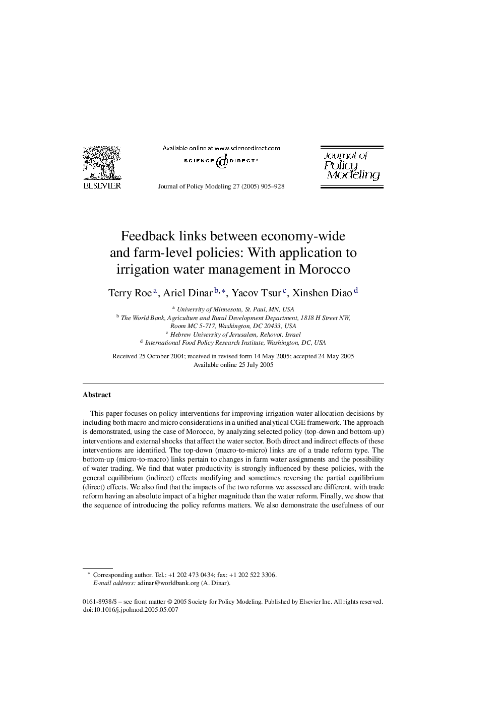 Feedback links between economy-wide and farm-level policies: With application to irrigation water management in Morocco