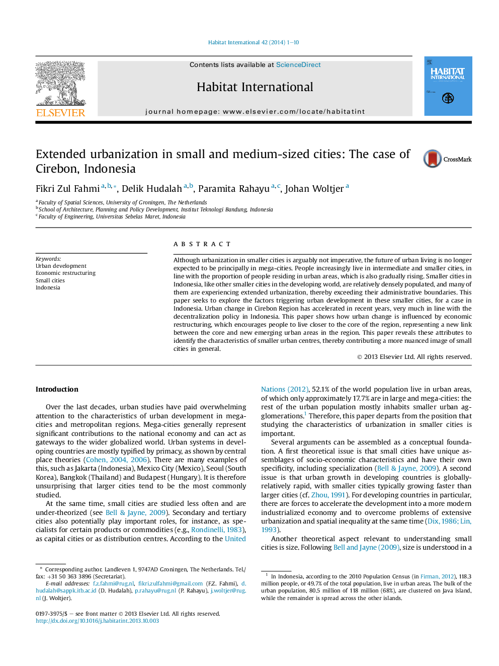 Extended urbanization in small and medium-sized cities: The case of Cirebon, Indonesia