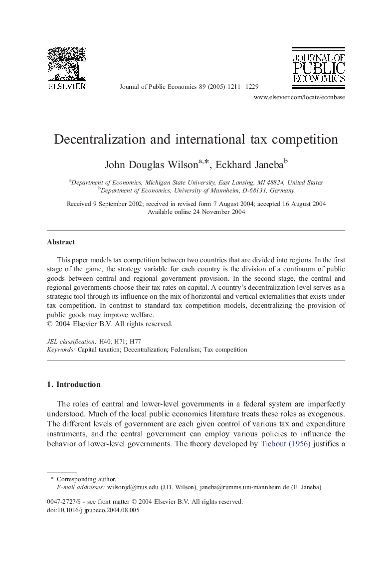 Decentralization and international tax competition